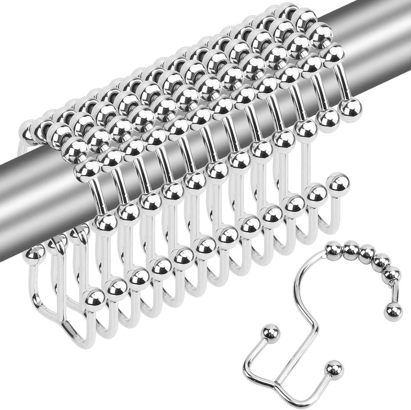 Gidse Shower Curtain Hooks,Sturdy Stainless Steel Double Sided Shower Hooks Rings for Bathroom Shower Curtain Rods Curtains Set of 12 Hooks - Chrome - Image 1